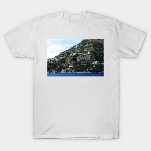 Panorama in Amalfi coast with a mountain scattered with buildings and a huge cavern in the middle T-Shirt by KristinaDrozd